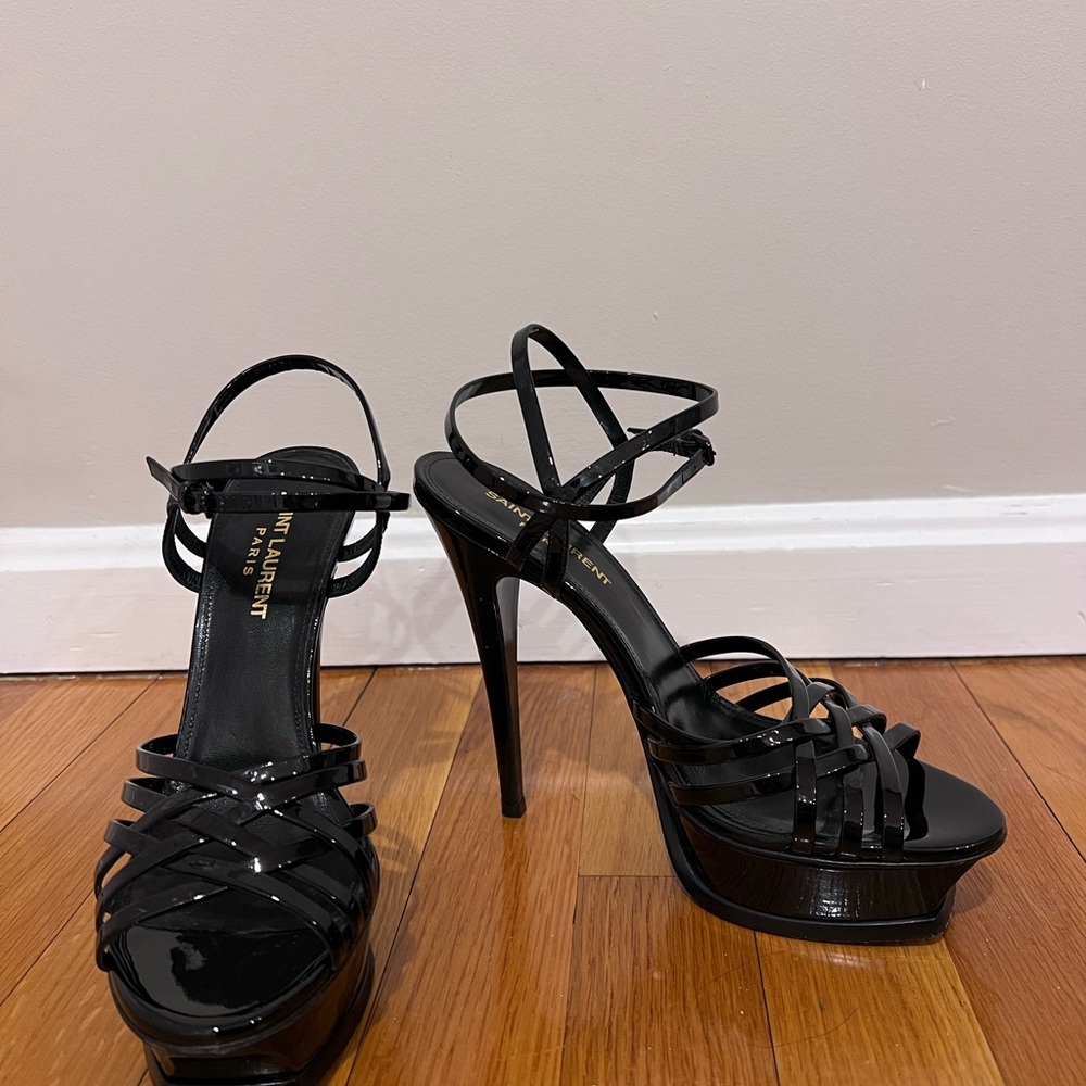 Saint Laurent YSL Black Patent Leather Tribute Cage Platform Criss Cross Heel 37 - Picture 2 of 10